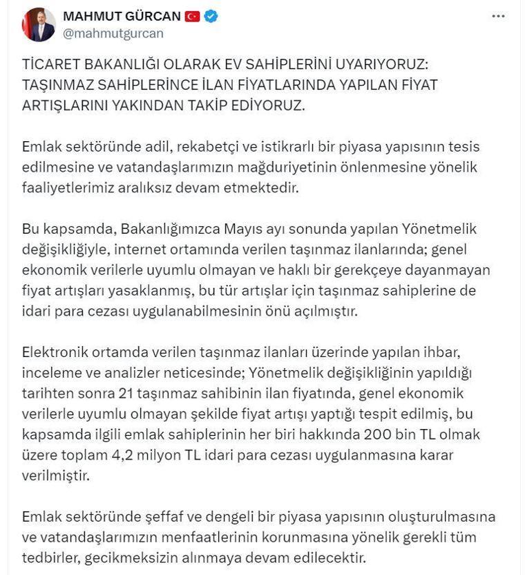 Bakanlıktan emlakta fahiş fiyata 4,2 milyon lira ceza