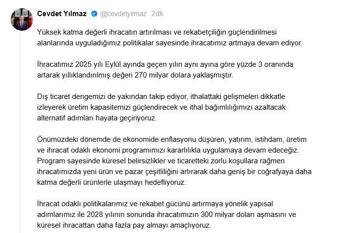 Cevdet Yılmaz: 2028 sonunda ihracatımızın 300 milyar doları aşmasını amaçlıyoruz