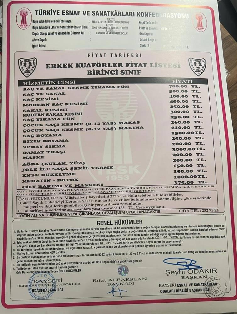 Kayseri’de berber ücretlerine zam