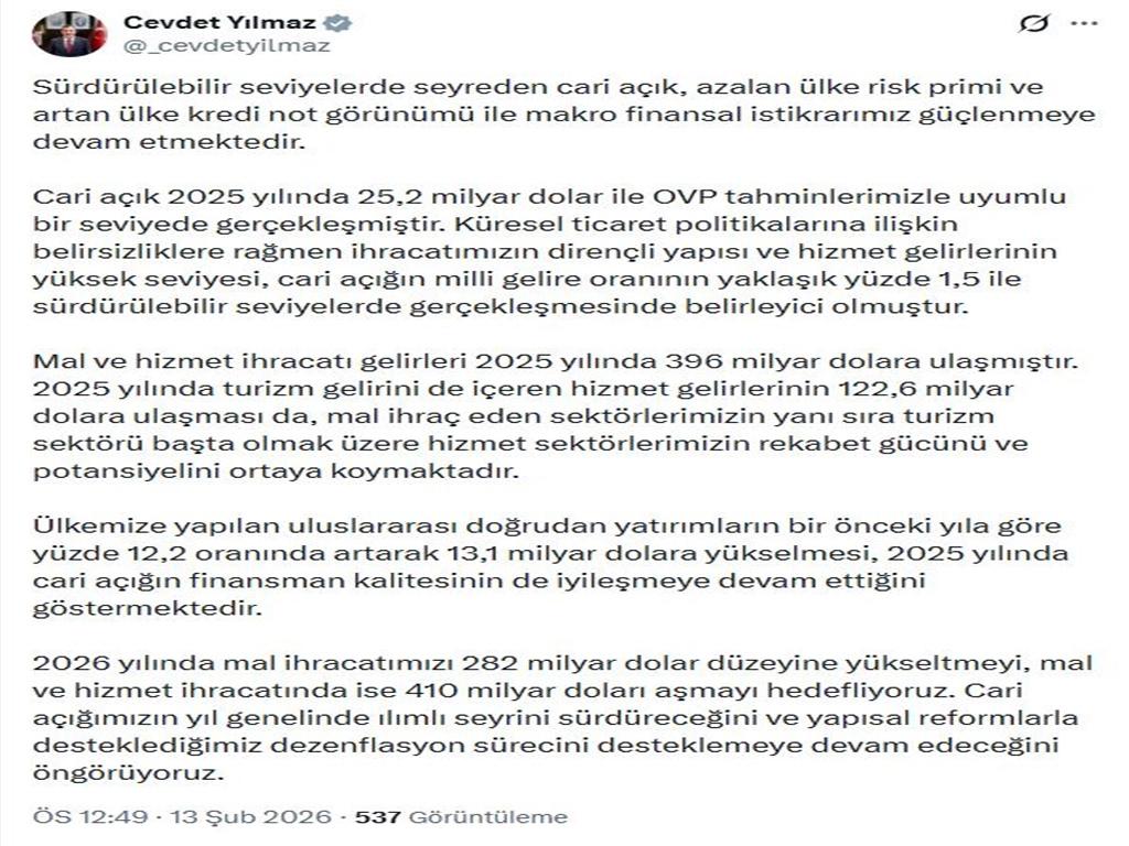 Cevdet Yılmaz: Cari açık, OVP ile uyumlu gerçekleşmiştir