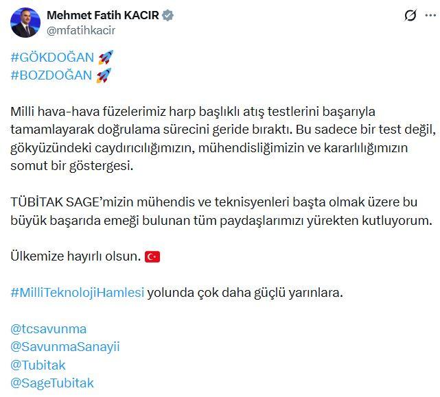 Bakan Kacır paylaştı! GÖKDOĞAN ve BOZDOĞAN'dan kritik başarı